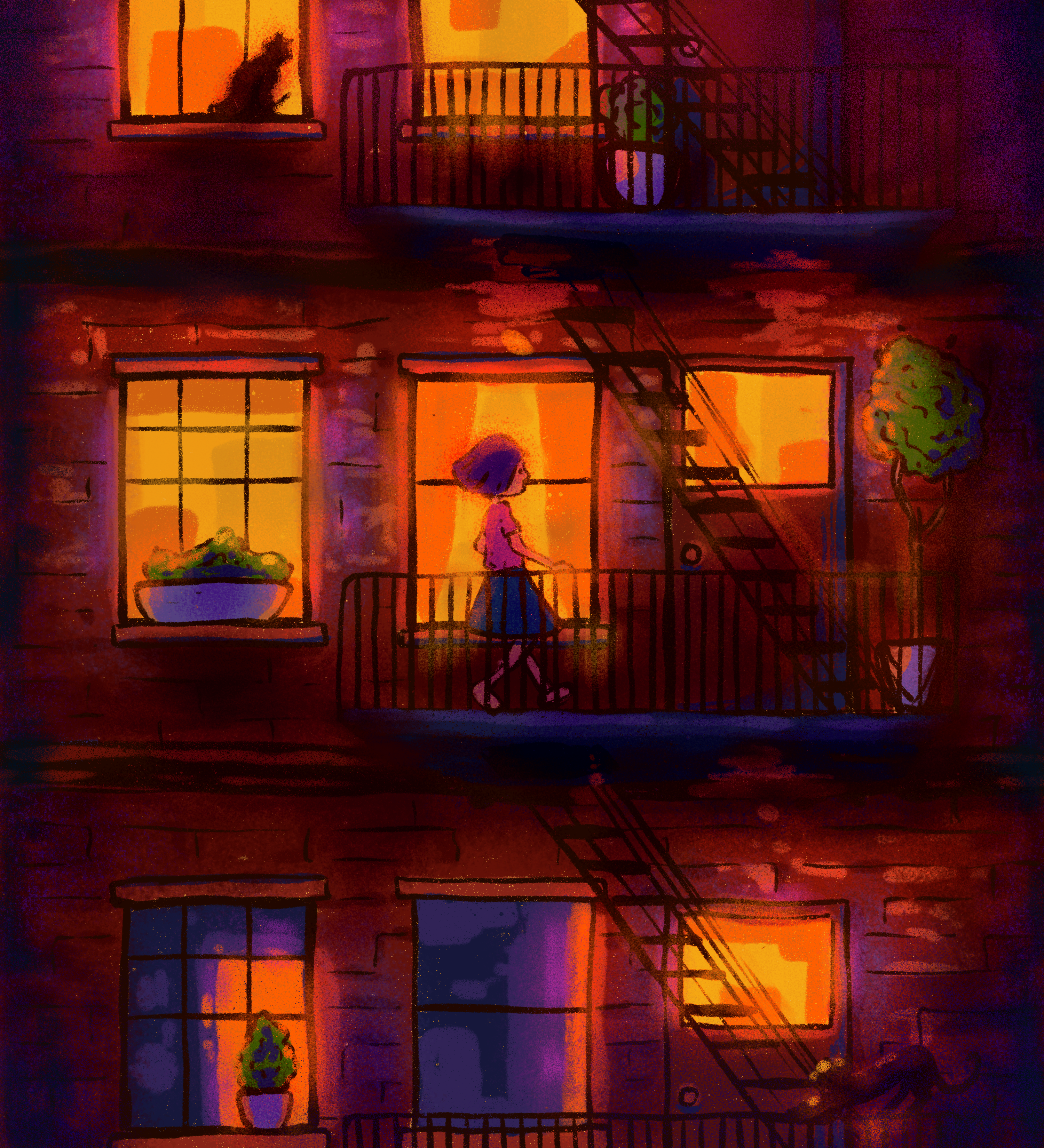 Image 8, a close up view of an apartment complex balcony at sunset. A girl is walking on the balcony. The red brick glows underneith the golden light of the setting sun